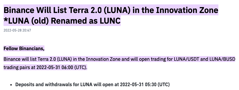 Binance announcement for LUNA listing in innovation zone